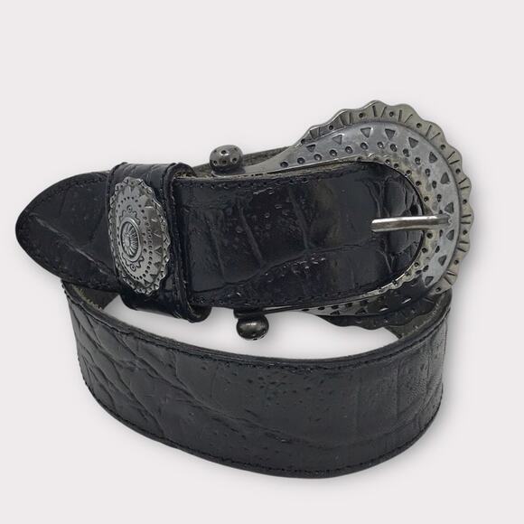 Avignon Black & Silver Leather Boho Belt Croc-Embossed Texture Medium - Picture 1 of 7
